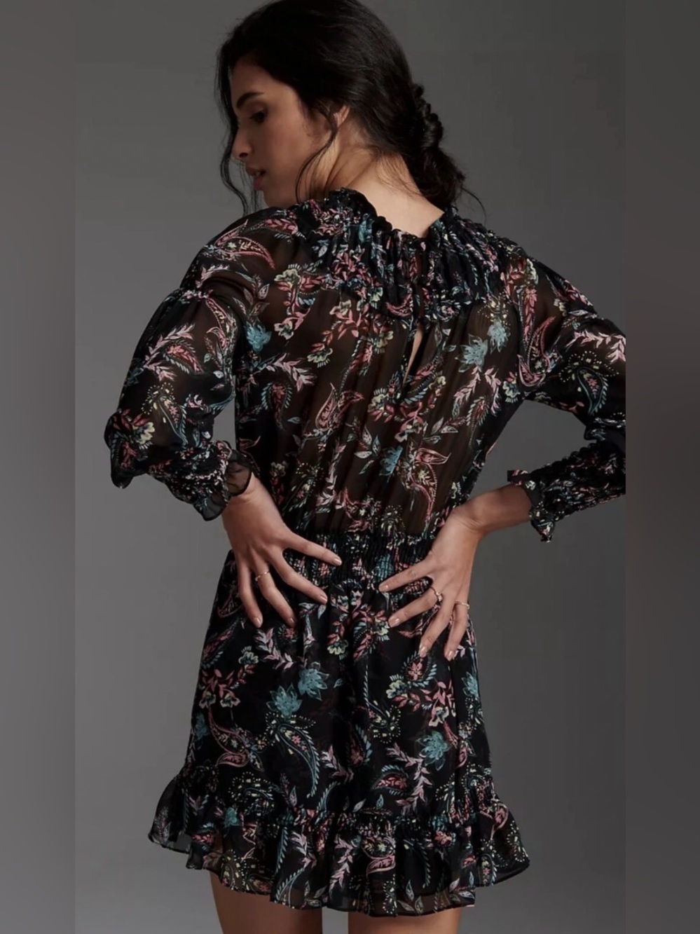 Misa Los Angeles Lexie Black Paisley Ruffle-Hem Mini Dress with Multicolor Print - Picture 2 of 8